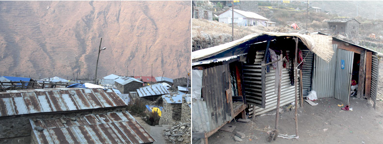Goljung VDC의 마을 모습과 맞은 편 산맥과 Goljung 마을의 임시가옥 
