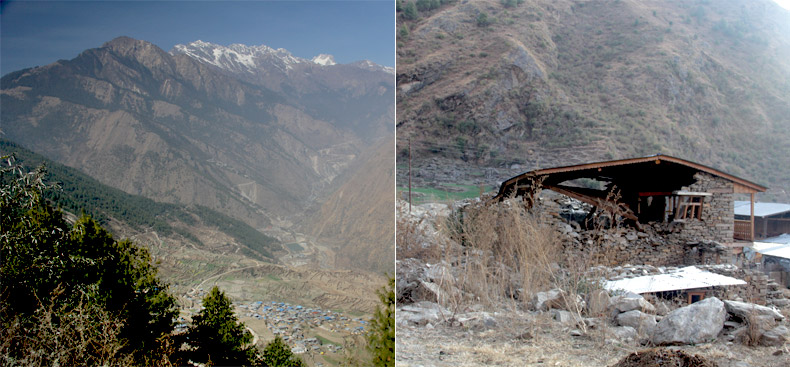 높은 산맥 아래 자리한 칠리메 마을 전경과 지진으로 무너진 가옥